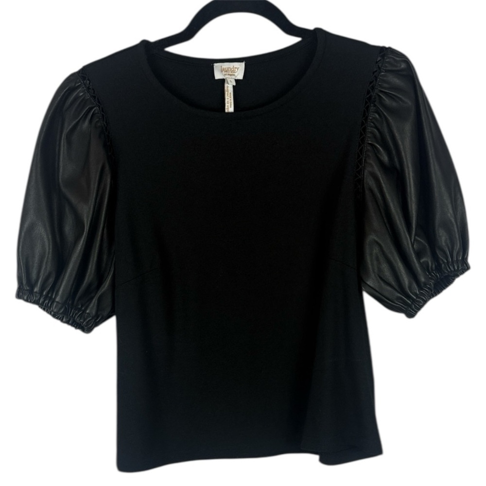 Laundry by Shelli Segal Designer Vegan Leather Puff Short Sleeve Blouse Size L